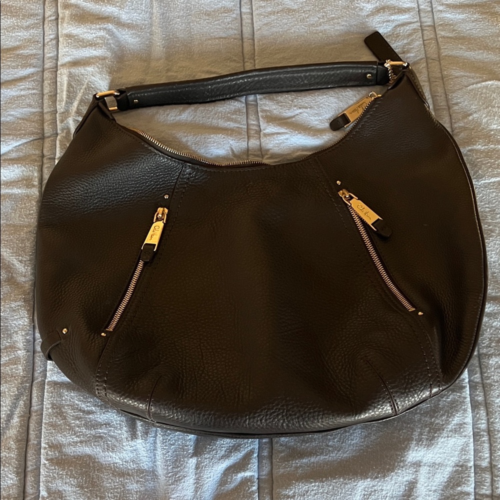 Cole haan brown leather shoulder hobo bag w gold zippers